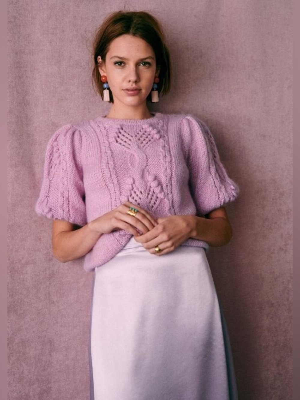 Sezane Lilac Puff-Sleeve Cable Knit Sweater
